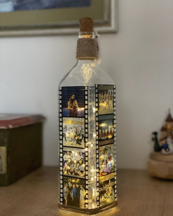 Bottle Mirror Art (Decorated bottle with photos and fairy lights)